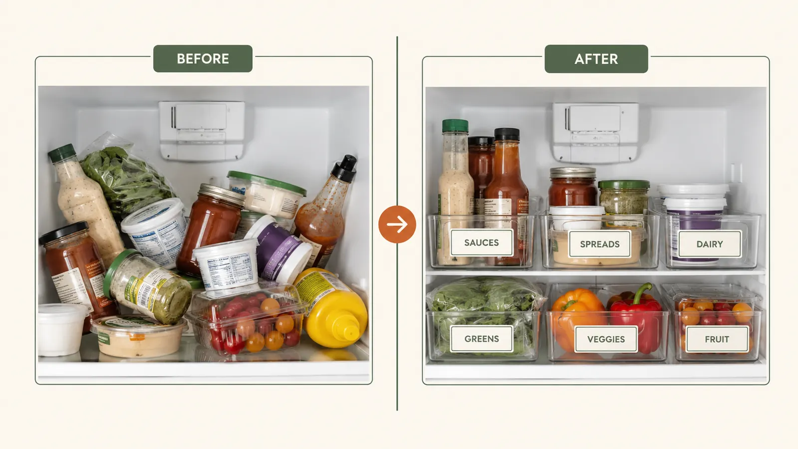 Split view of a chaotic fridge shelf before and an organized fridge shelf with clear bins after