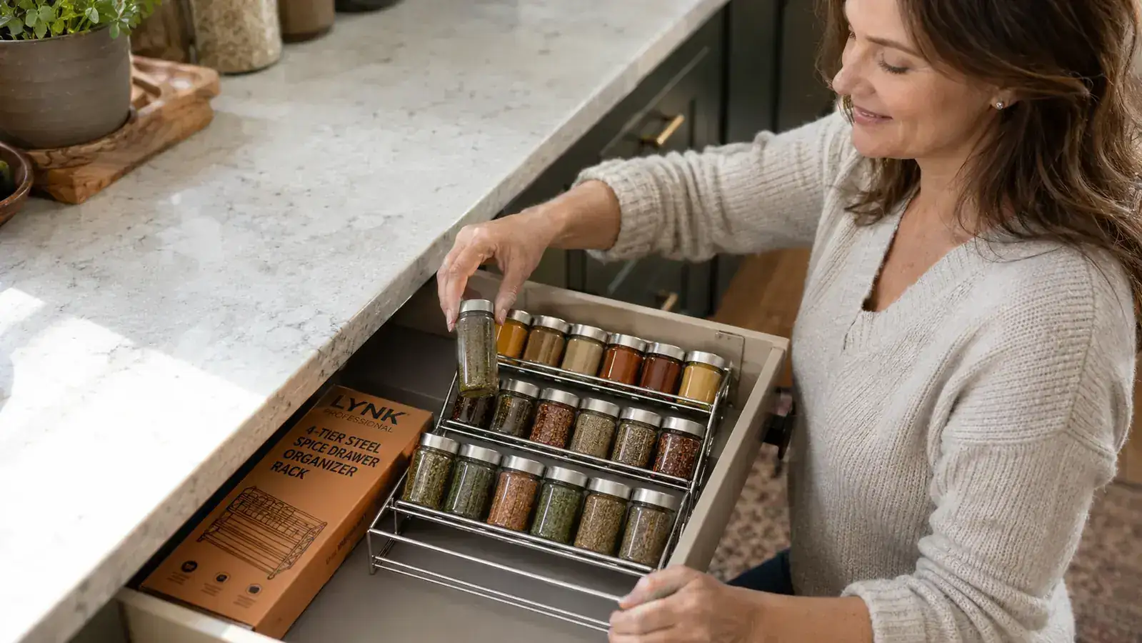 Hand placing a spice jar into a slot in the LYNK PROFESSIONAL steel spice drawer organizer