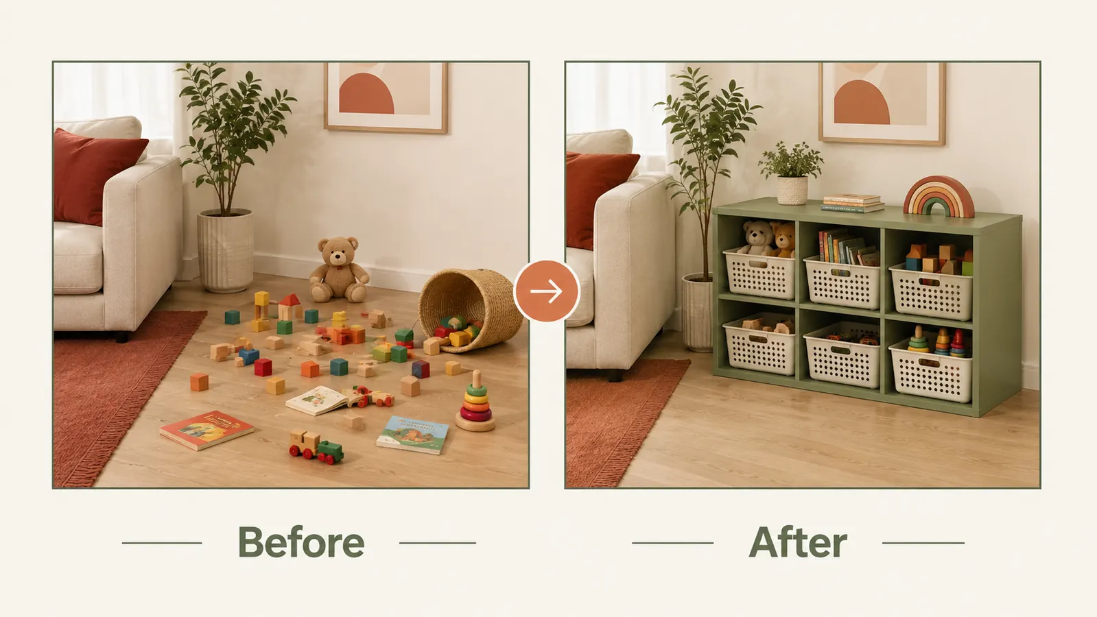 Before and after split: cluttered living room floor on the left, organized toy storage system on the right