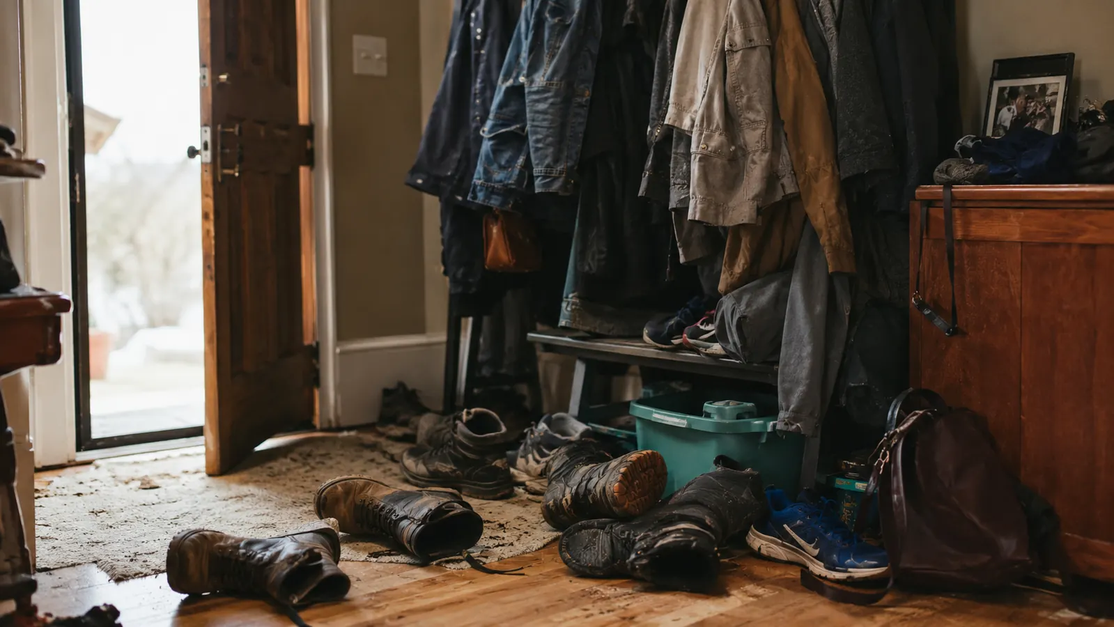 A pile of jumbled shoes blocking a front entryway, boots tipped over next to sneakers and sandals, dim hallway lighting