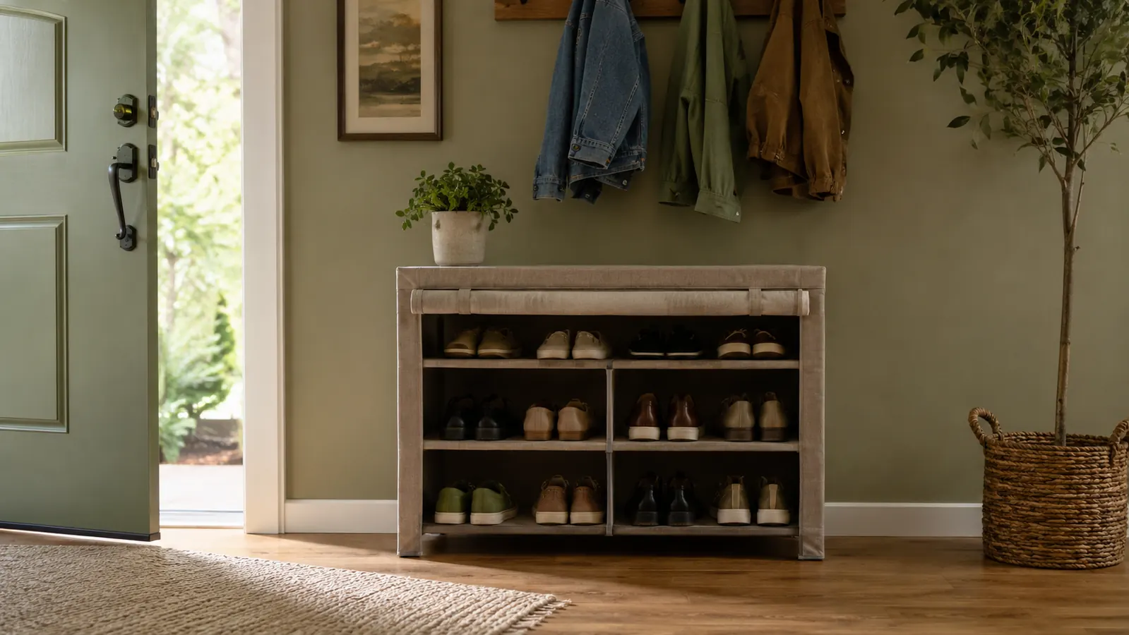Finished organized entryway with a shoe rack holding multiple pairs of shoes, clear floor space around it, family coats on nearby hooks