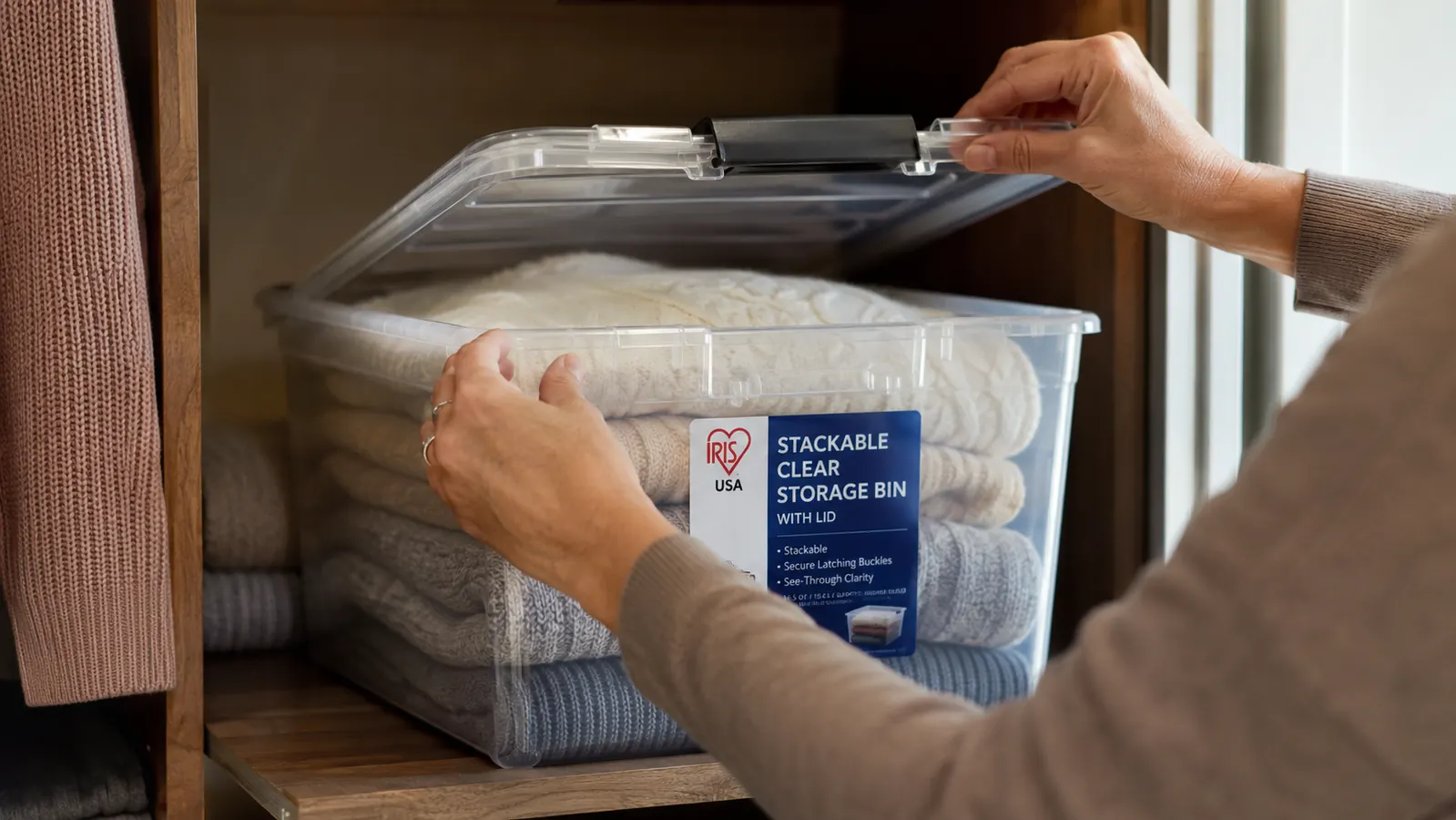 Hands lifting the lid off a clear IRIS USA stackable storage bin revealing neatly folded seasonal clothing inside