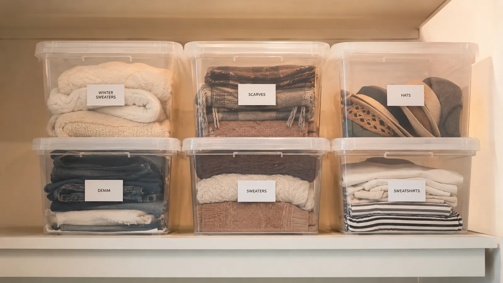 Three clear stackable storage bins lined up on a white closet shelf with simple labels, calm and organized