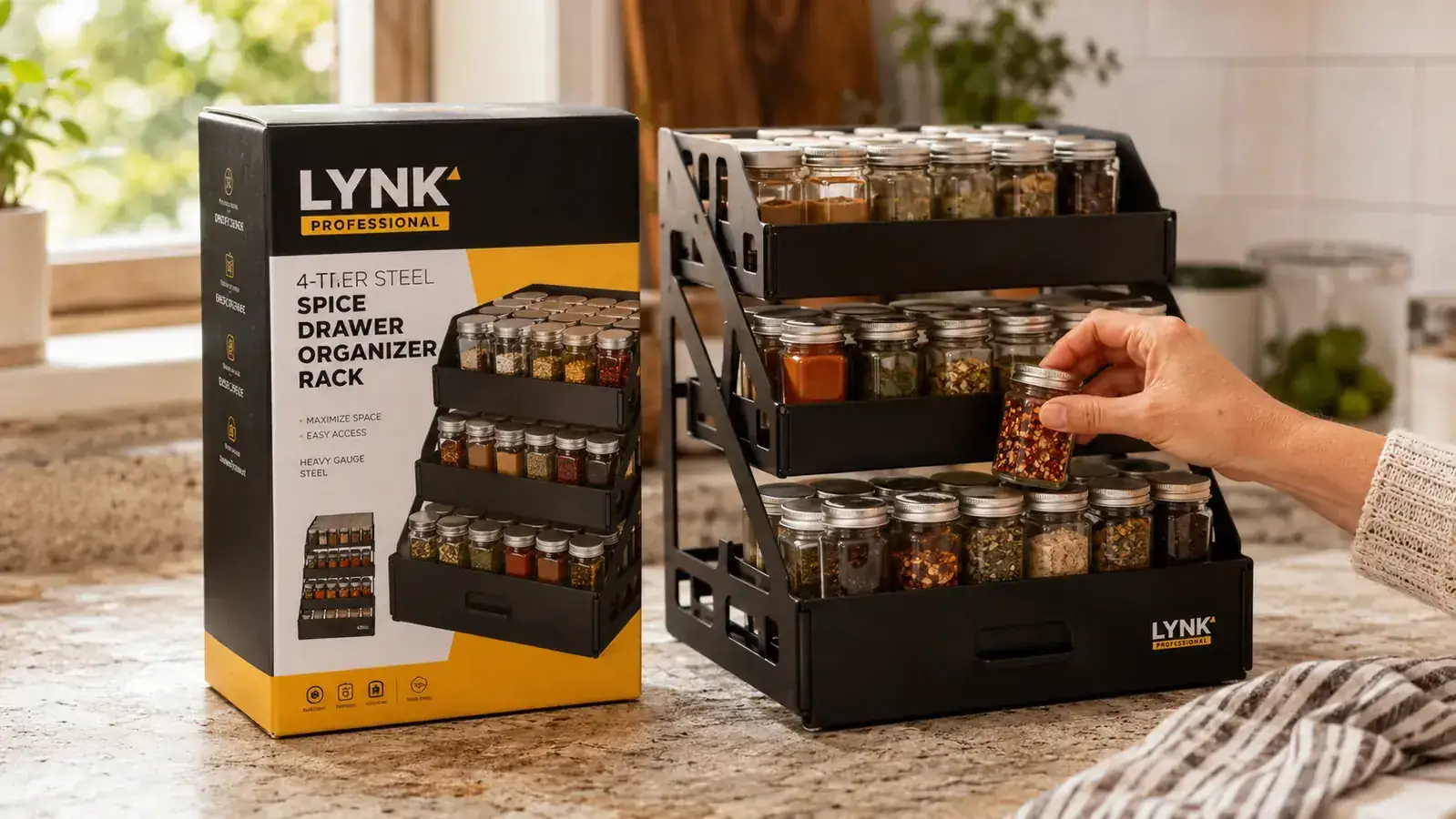 Hand placing a cinnamon spice jar into a tiered steel drawer organizer