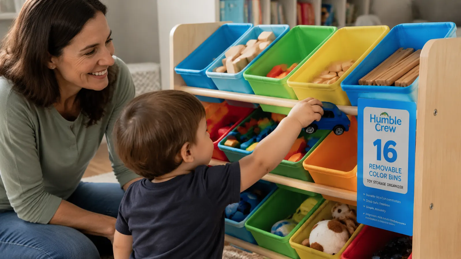 Close-up of a child placing a toy car into a labeled fabric bin on a multi-level toy organizer
