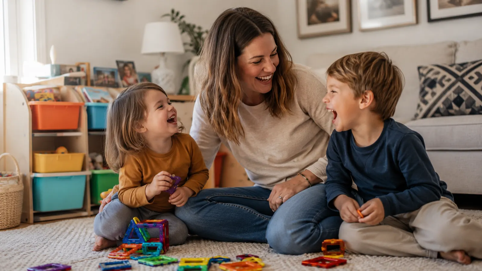 Parent and two young children in a living room, all smiling, floor clean, toy organizer visible in background