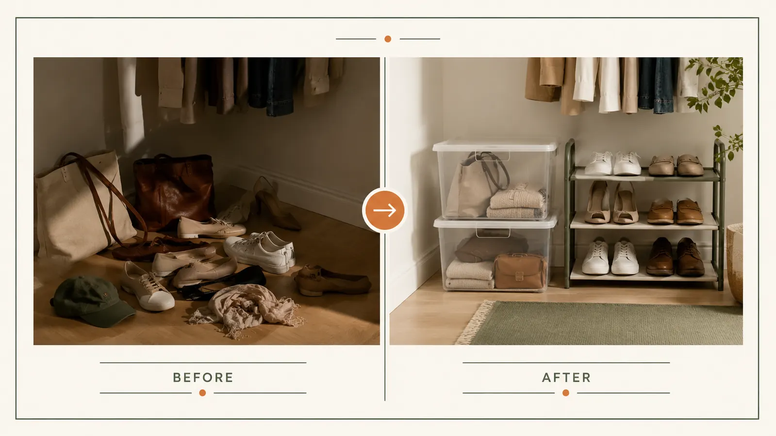 A before-and-after split view of a closet floor, left side with scattered shoes and bags, right side with labeled stackable bins