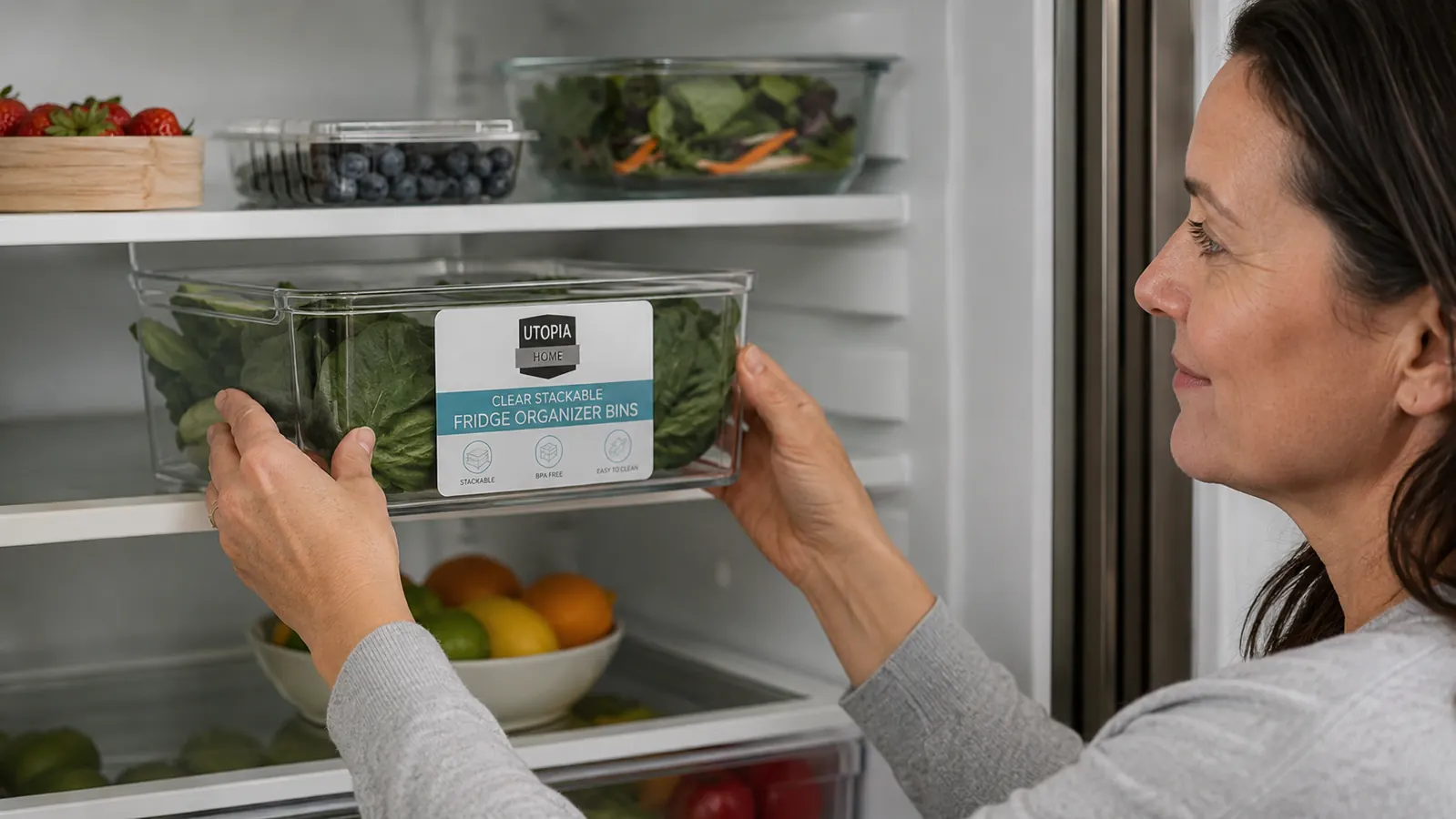 Hands placing a clear Utopia Home fridge bin onto a refrigerator shelf with produce inside