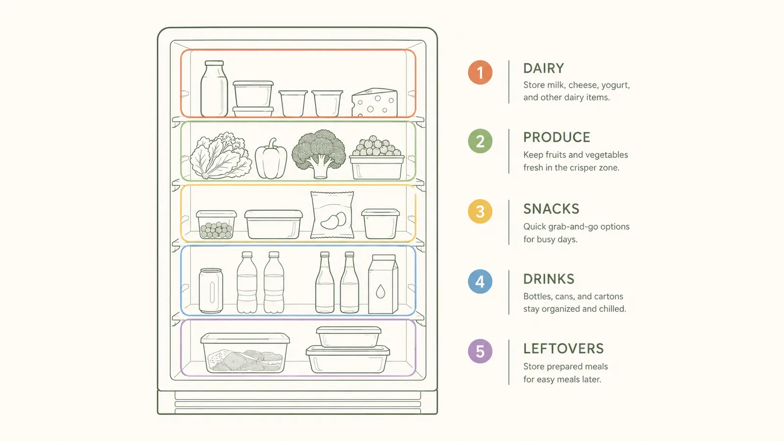 Refrigerator shelf zone diagram showing dairy, produce, snacks, drinks, and leftovers zones labeled
