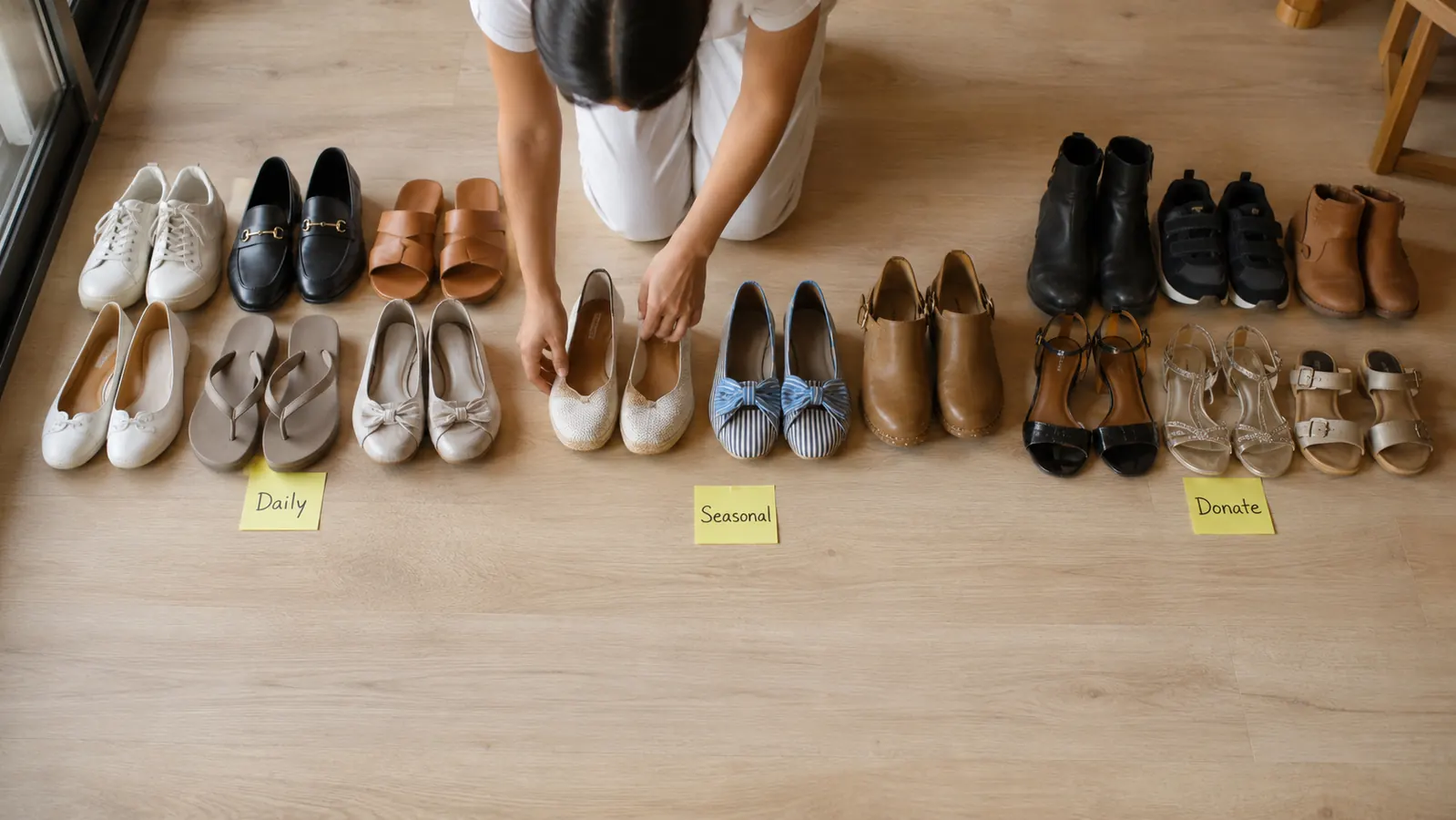 Shoes sorted into categories on the floor before being placed on a rack