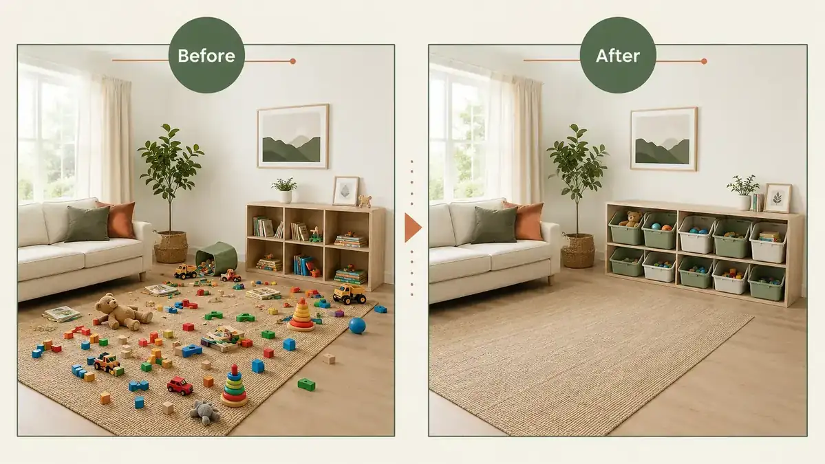 Before and after comparison of a family room floor covered in toys versus the same room after a toy storage system is in place