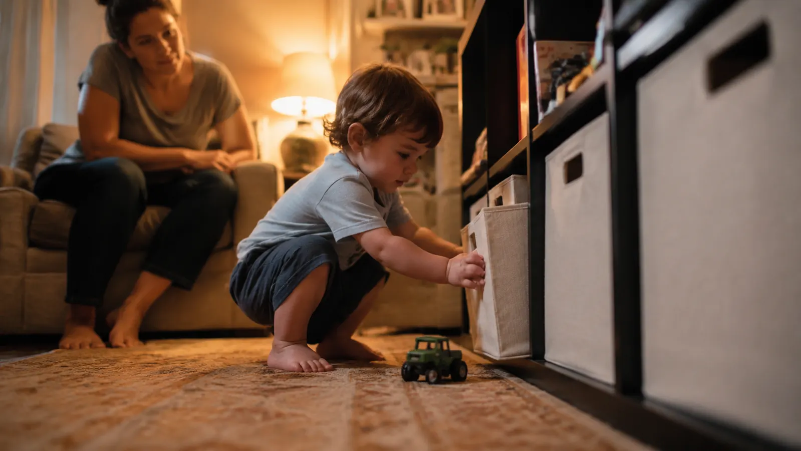 Parent and young child together at the toy organizer, child pulling a bin from the bottom row independently
