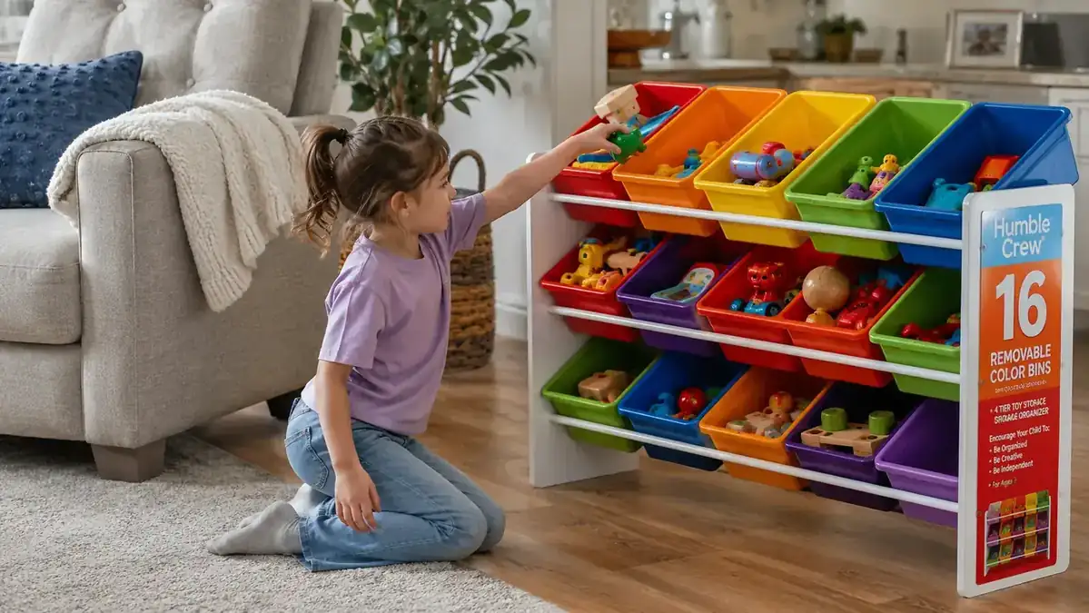 Child placing a toy into a fabric bin on a Humble Crew toy organizer in a living room
