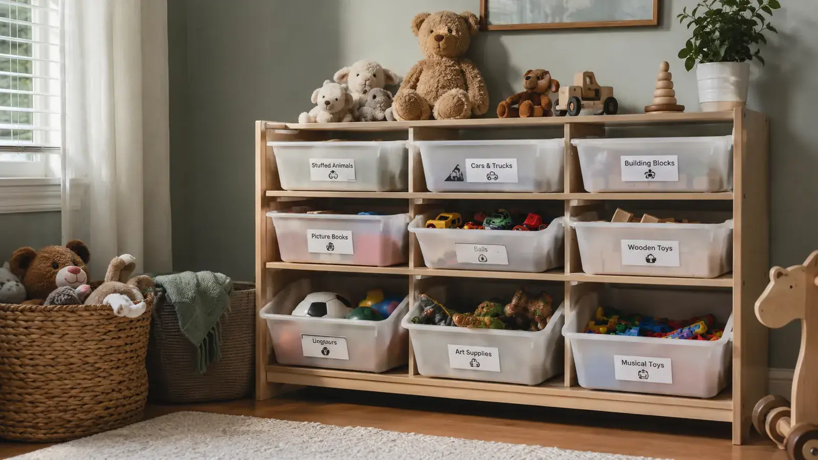 Well-organized playroom corner with labeled toy bins arranged by category on a floor organizer