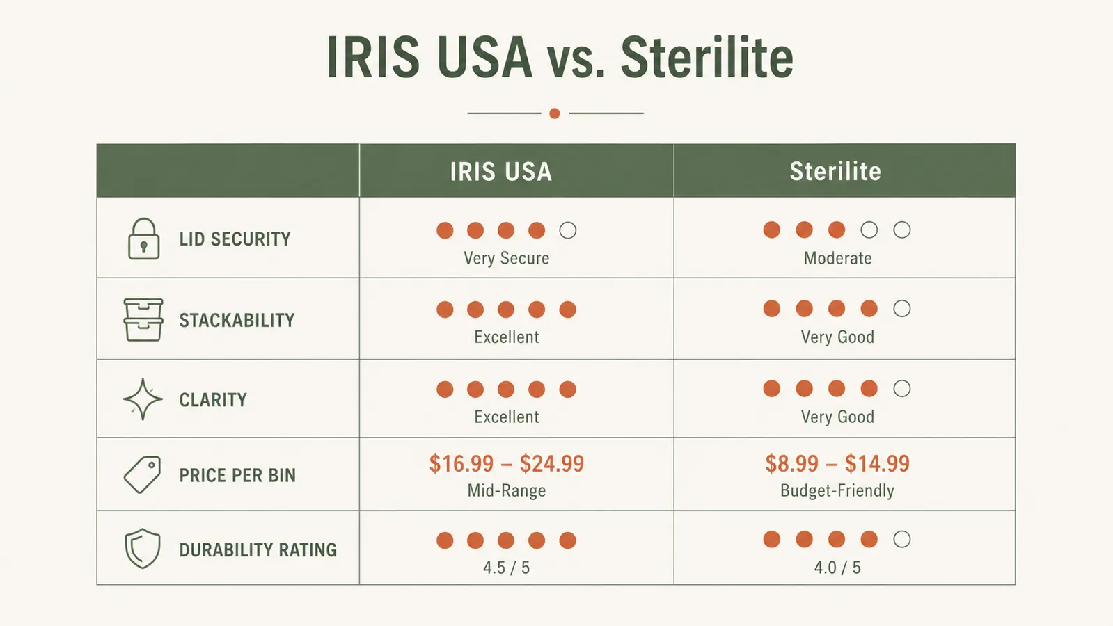Side-by-side comparison chart of IRIS USA vs Sterilite storage bins across key specs