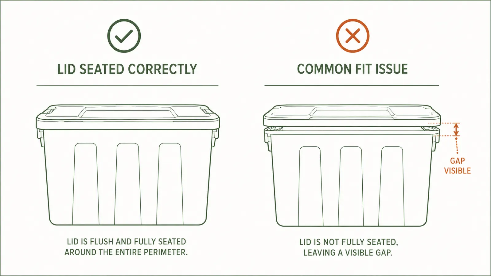Side-by-side view of two clear storage bins, one with a flat secure lid and one with a slightly misaligned lid