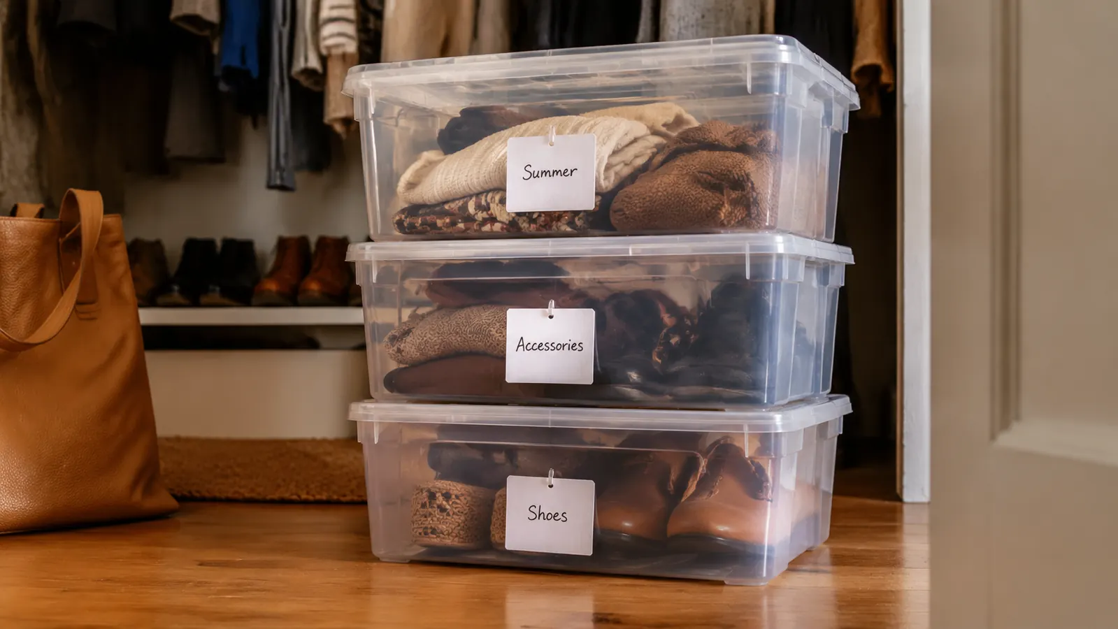 Organized closet floor showing clear stackable bins used for seasonal items with handwritten labels on the front