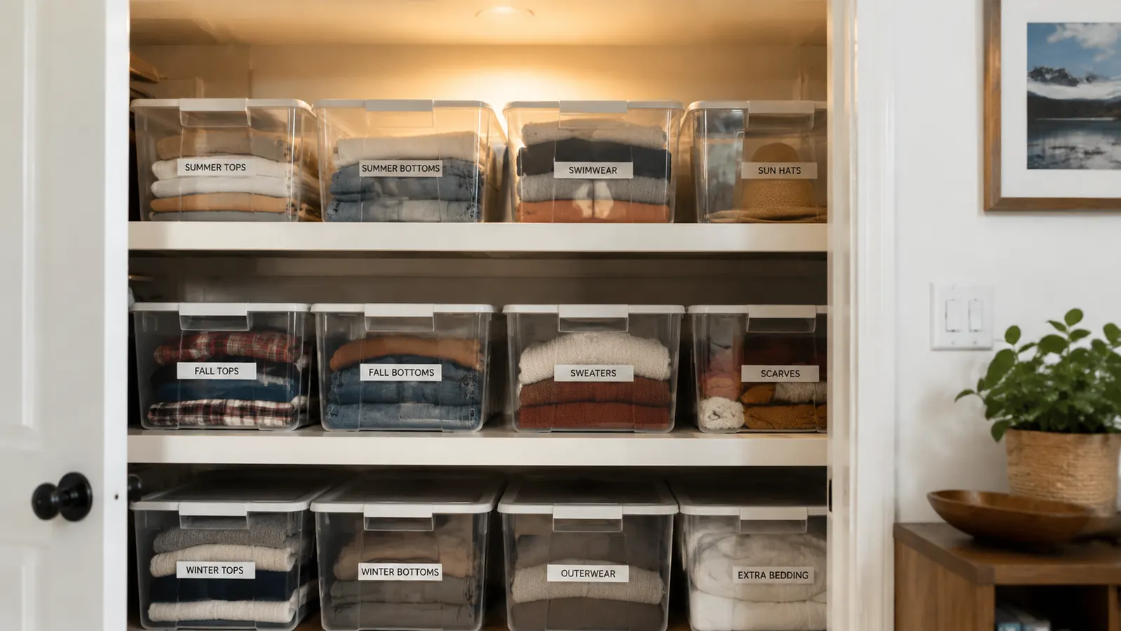 Organized hall closet shelves with labeled clear bins containing seasonal clothing and extra bedding