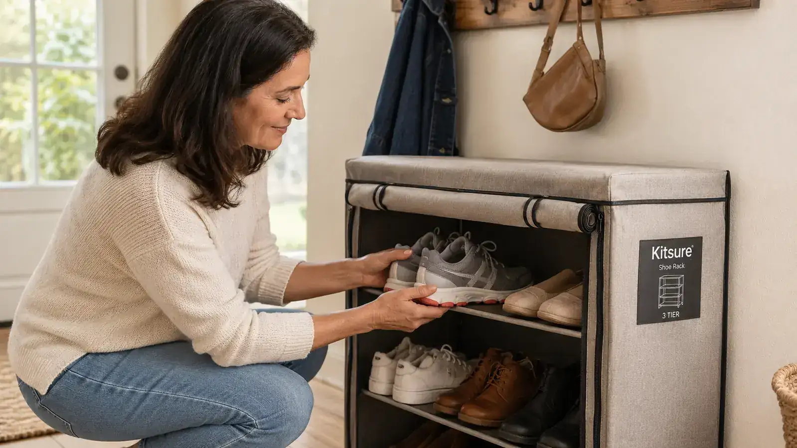 Kitsure shoe rack with non-woven cover holding sneakers and boots neatly in an entryway