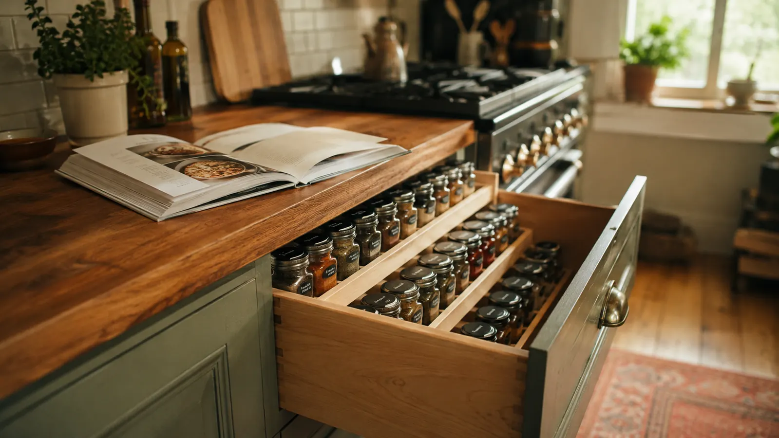 Neatly organized kitchen drawer with spice jars visible in tiered rows, beside a coffee mug and open recipe book on a counter