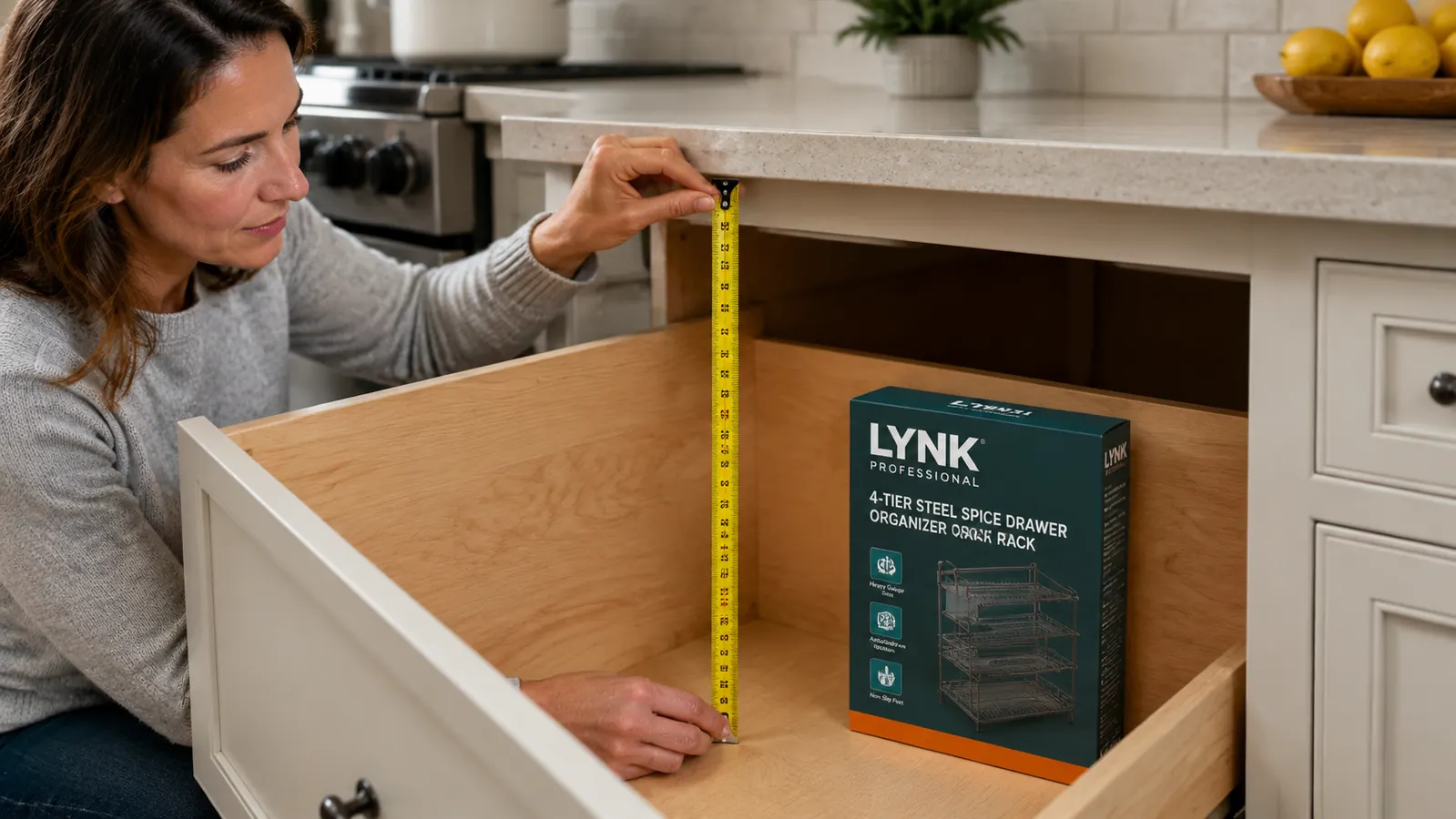 A tape measure laid inside an empty kitchen drawer showing interior depth measurement before installing the spice rack organizer