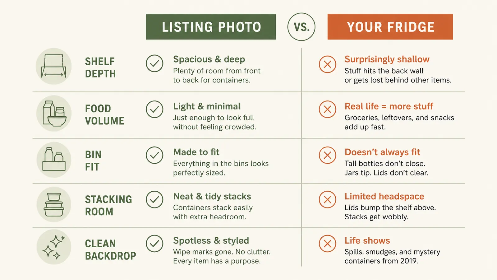 Chart comparing Amazon listing photo fridge versus real household fridge with same bins installed