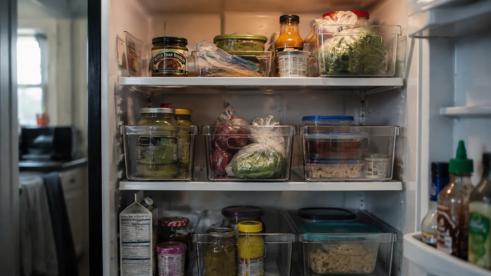 Refrigerator with fridge bins in a lived-in home showing real food variety across shelves