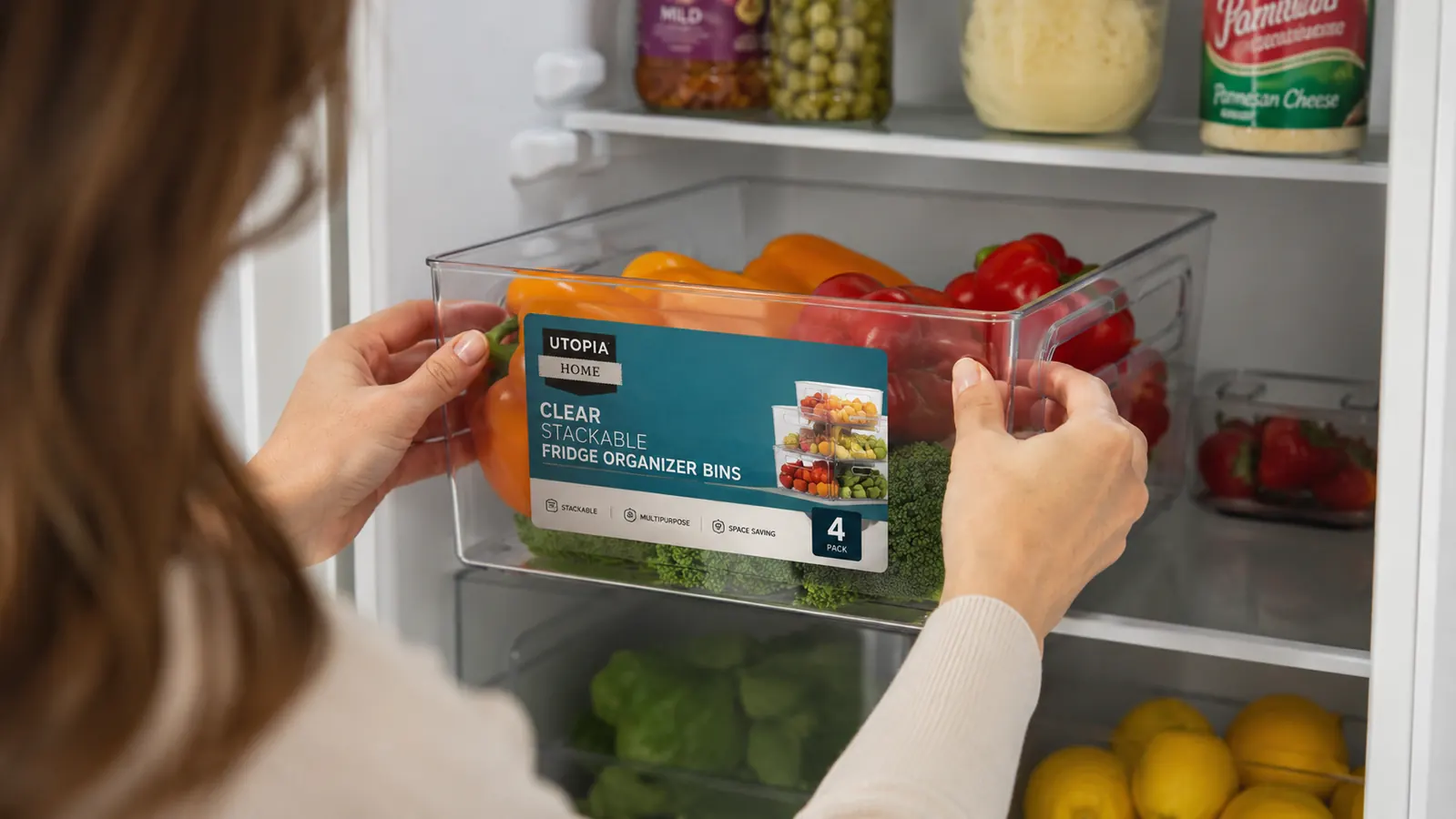 Hands sliding a clear Utopia Home fridge bin onto a refrigerator shelf with produce visible inside