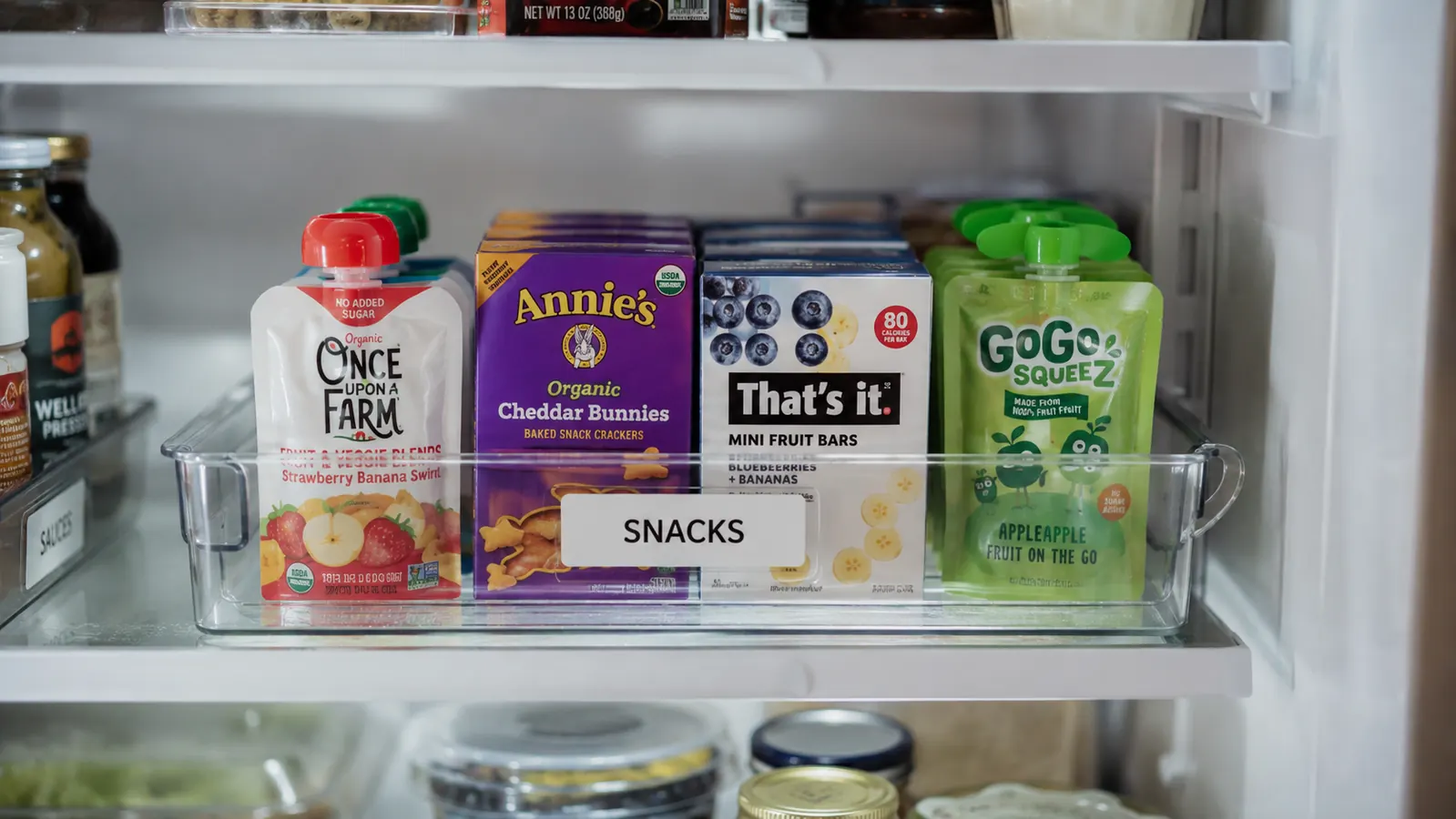 Refrigerator shelf showing snack zone bin with kids snacks organized and visible from front